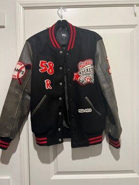 LF Black Varsity Jacket with Gray Sleeves and Red Accents